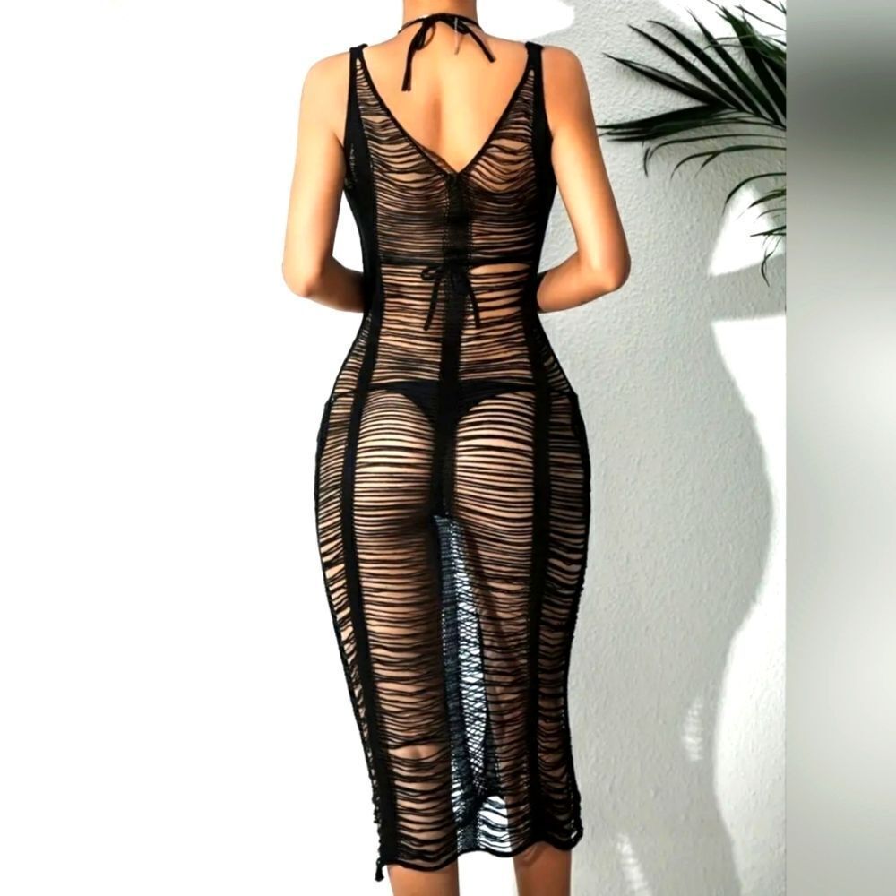 Ladies Black Sheer Hollow Out See Through cover up sz Large